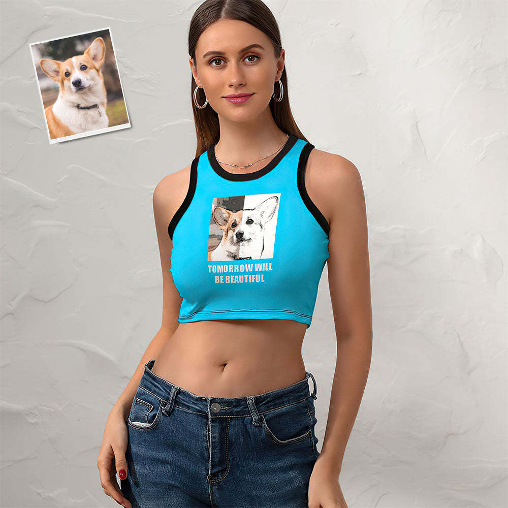 Custom Dog Face Ladies Short Racer Vest Comic Lines Crop Top - My Photo Socks AU