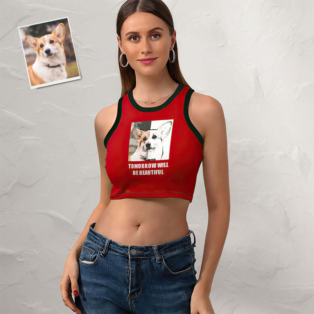 Custom Dog Face Ladies Short Racer Vest Comic Lines Crop Top - My Photo Socks AU