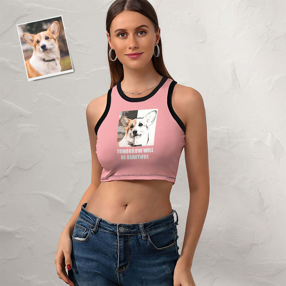 Custom Dog Face Ladies Short Racer Vest Comic Lines Crop Top - My Photo Socks AU