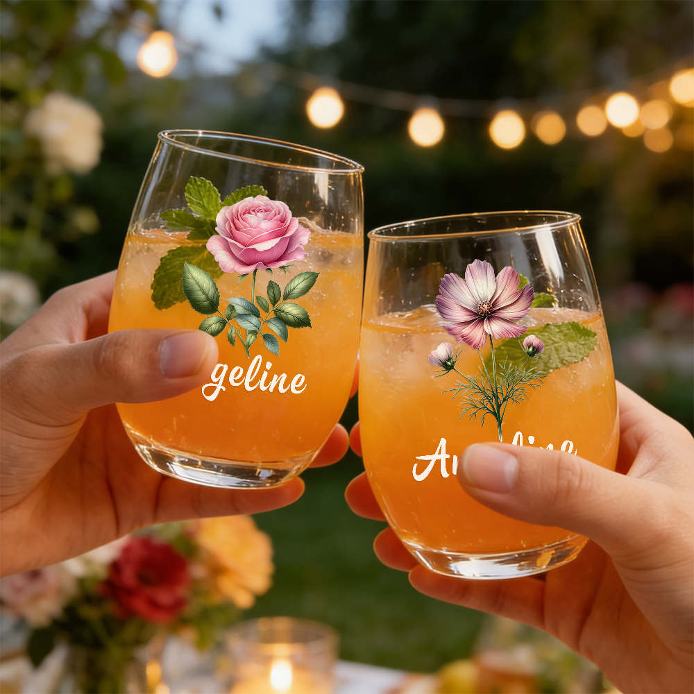 Personalized Birth Flower Wine Glass with Name, Custom Mother's Day Gift, Month Flower Birthday Gifts For Her - MyPhotoSocksAu