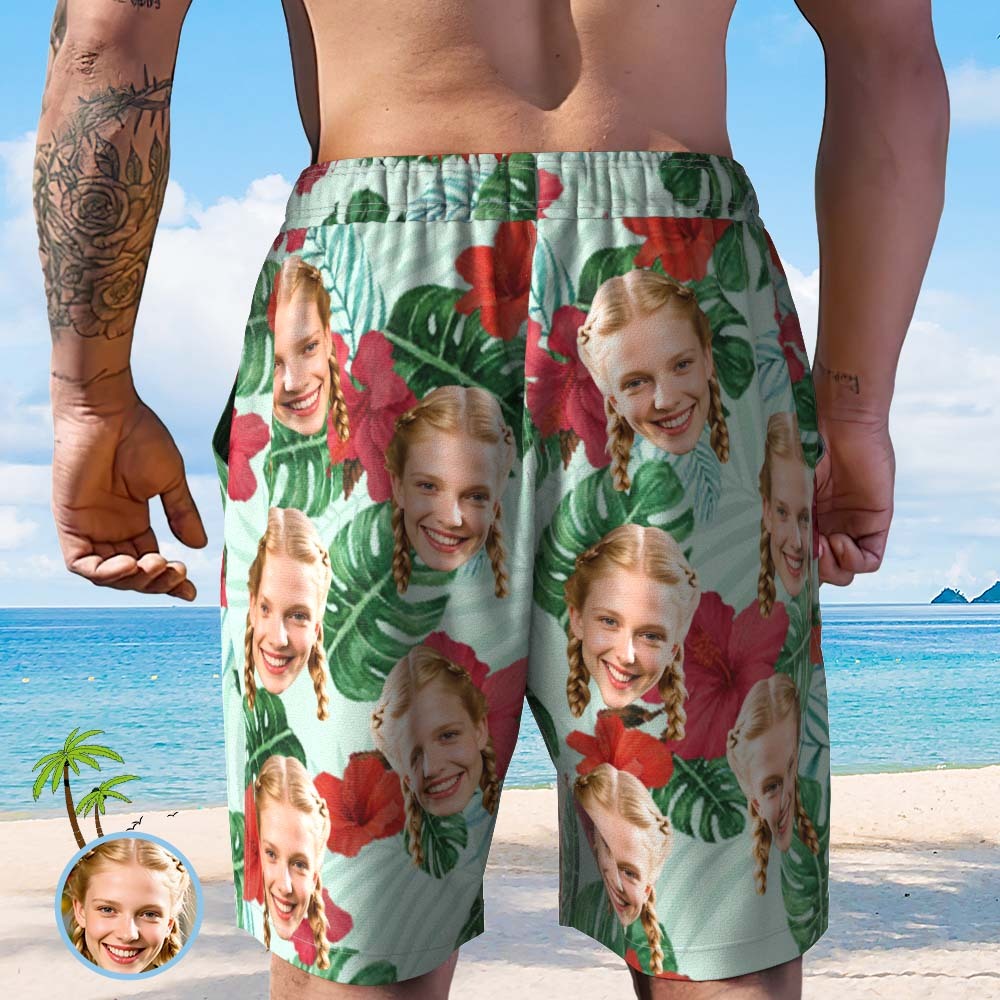 Custom Men Face Beach Short Personalized Photo Swim Trunks Random Tropical Print Shorts for Boyfriend Dad - MyPhotoSocksAu