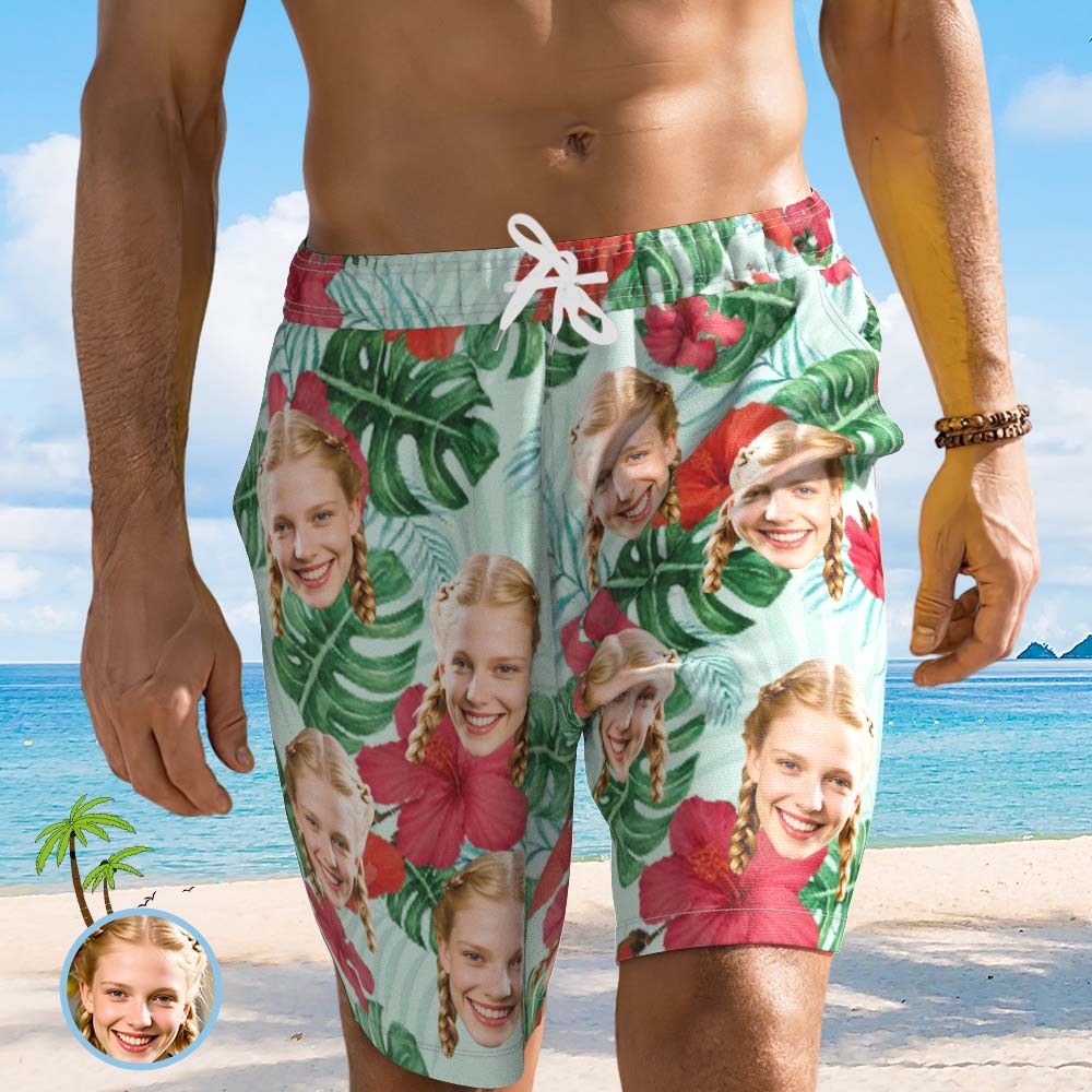 Custom Men Face Beach Short Personalized Photo Swim Trunks Random Tropical Print Shorts for Boyfriend Dad - MyPhotoSocksAu