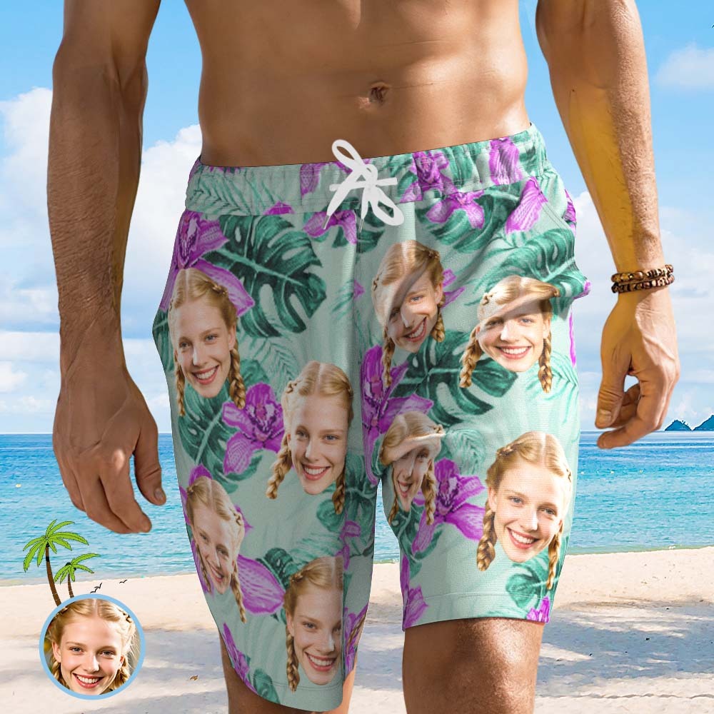 Personalized Face Beach Short Custom Photo Swim Trunks Random Tropical Print Shorts for Dad - MyPhotoSocksAu