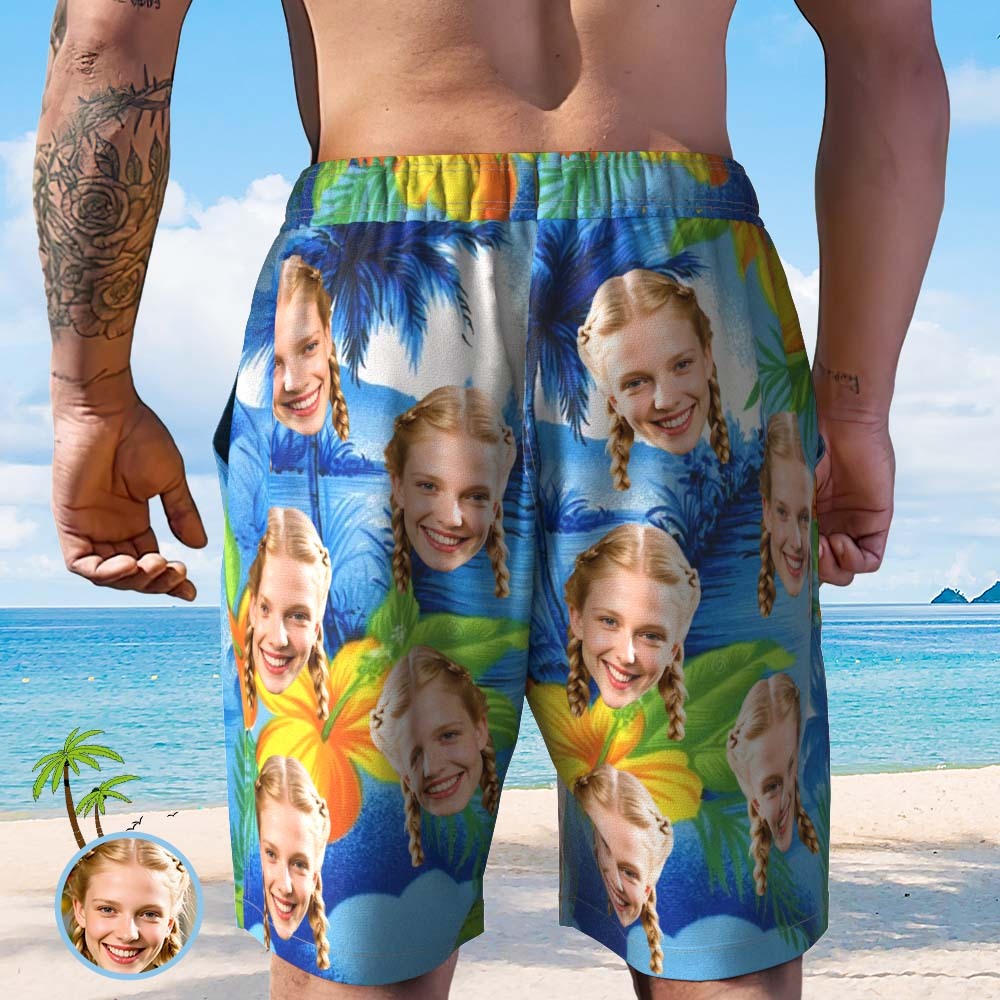 Personalized Face Beach Short Custom Photo Swim Trunks Random Tropical Print Shorts - MyPhotoSocksAu