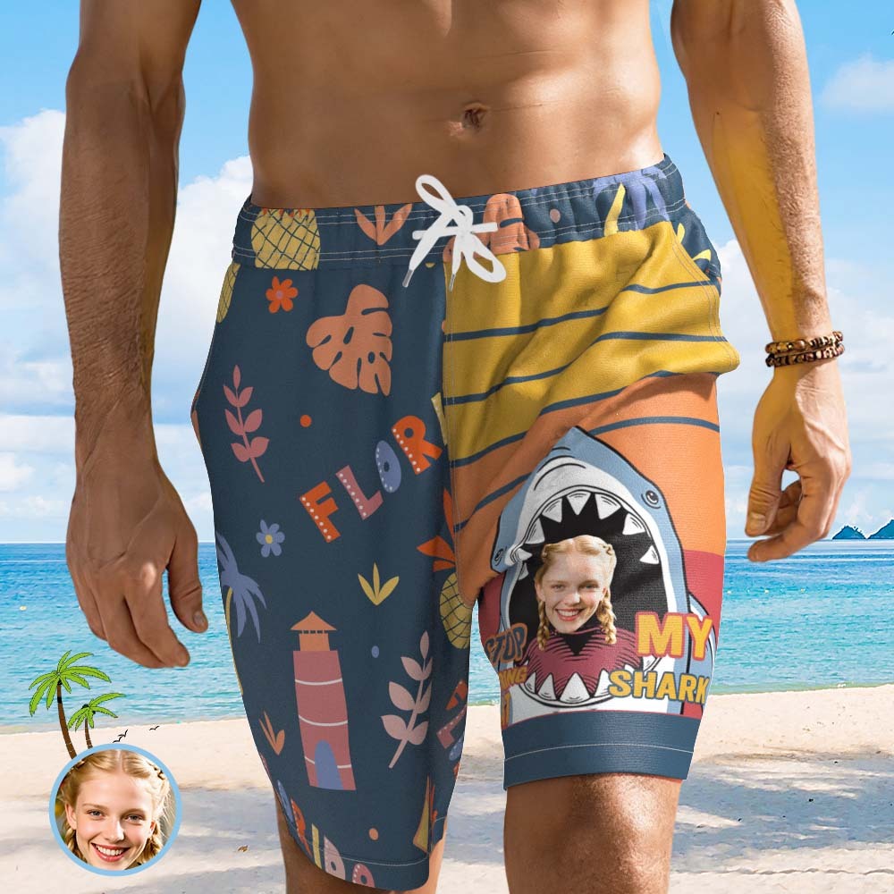 Personalized Face Beach Short Custom Photo Swim Trunks Shark Tropical Print Shorts - MyPhotoSocksAu