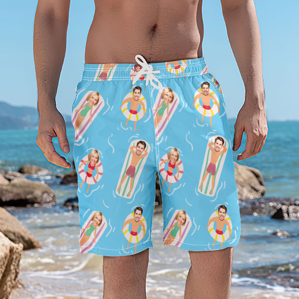 Custom Light Blue Face Mens Swim Trunks Personalized Tropical Swim Shorts Bathing Suit - MyPhotoSocksAu