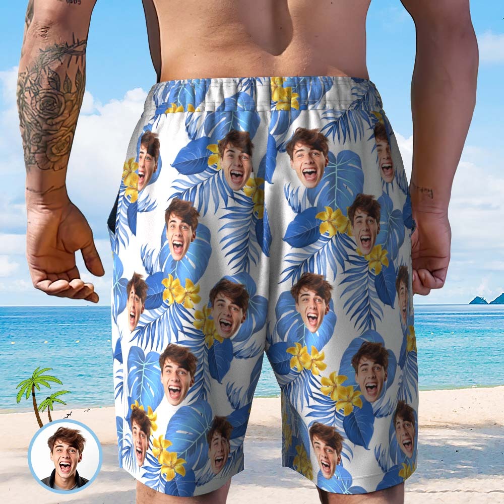 Personalized Face Mens Swim Trunks Custom Tropical Swim Shorts for Dad/Boyfriend - MyPhotoSocksAu