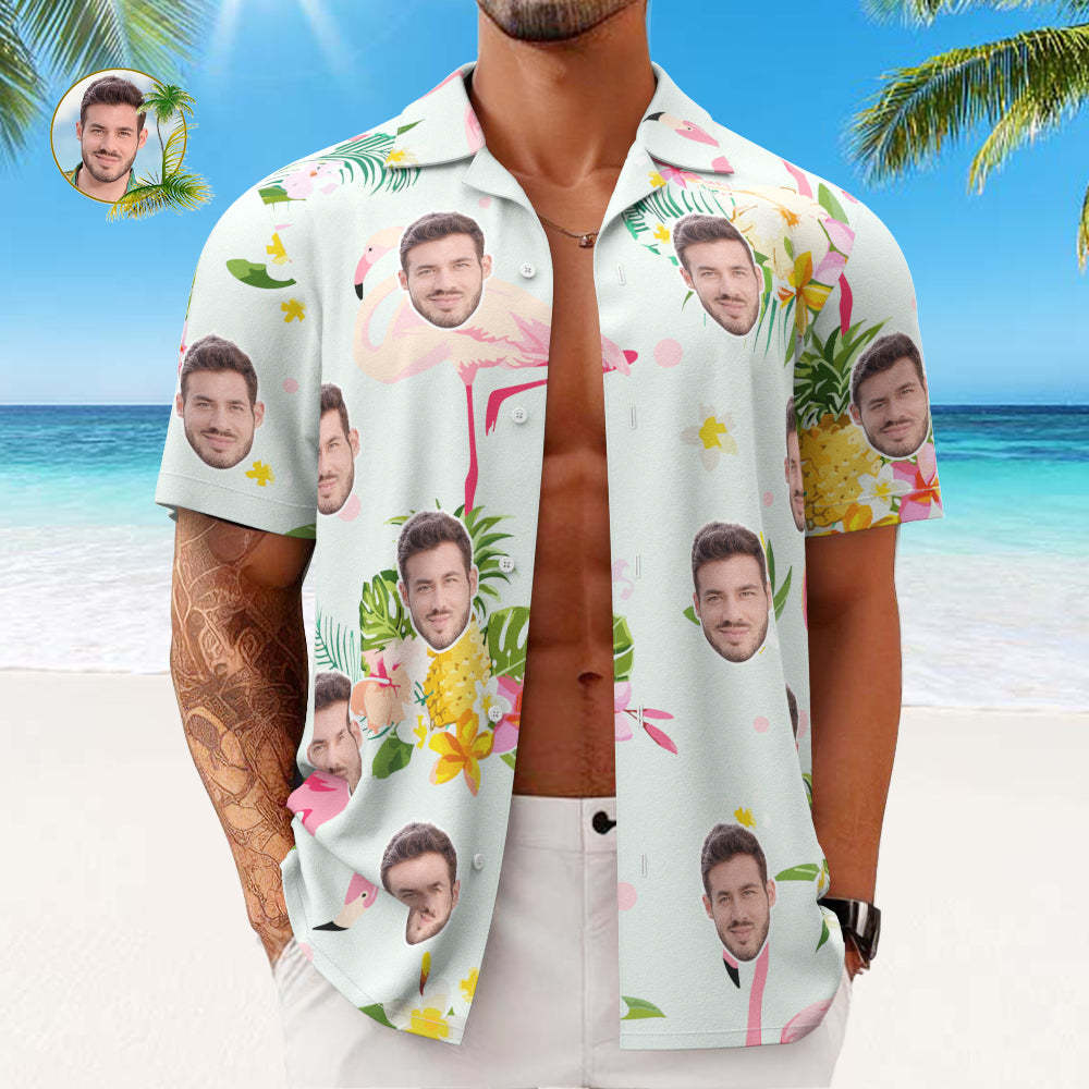 Custom Face Hawaiian Shirt Men's All Over Print Aloha Shirt Gift - Romantic Hawaiian and Flamingos - My Photo Socks AU