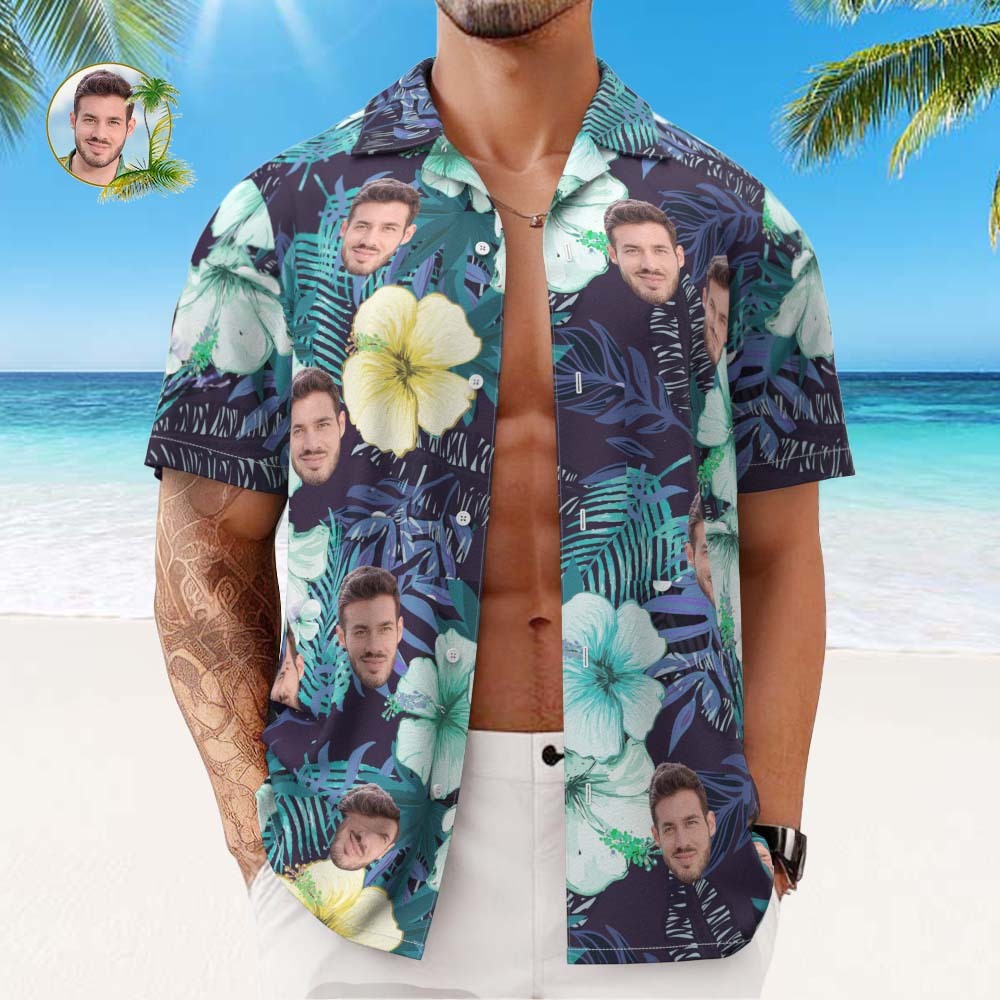 Custom Face Hawaiian Shirt Men's All Over Print Aloha Shirt Gift - Green flowers - My Photo Socks AU