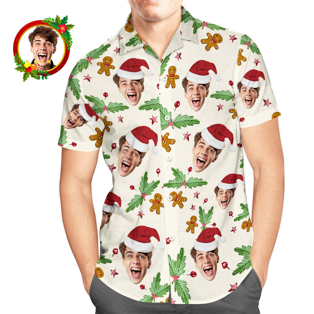 Custom Face Hawaiian Shirt Candy Cane Gingerbread Men's Christmas Shirts - My Photo Socks AU