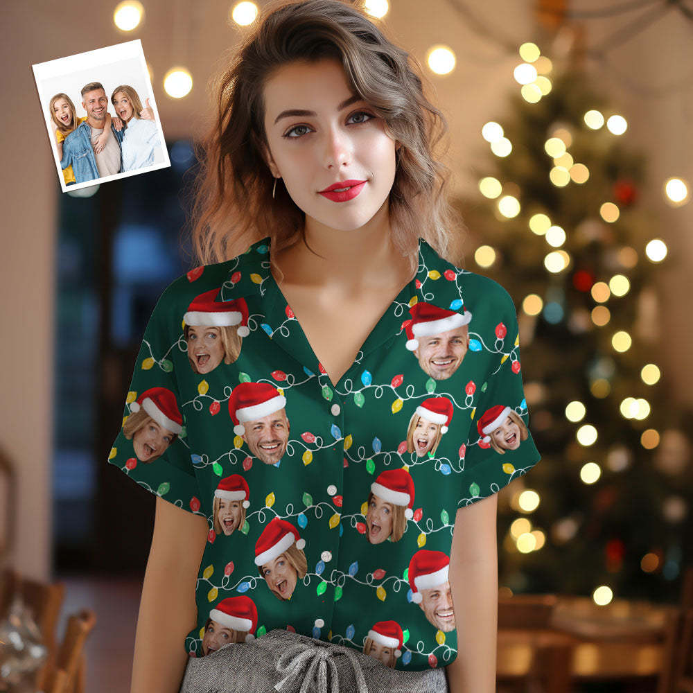 Custom Face Women's Hawaiian Shirts Personalized Photo Christmas Family Xmas Leds Aloha Shirts - My Photo Socks AU