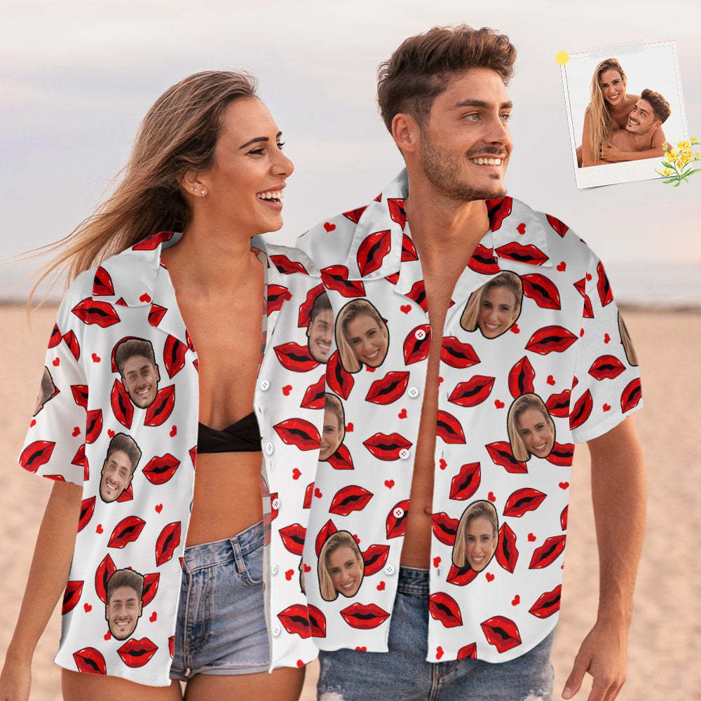 Custom Face Hawaiian Style Shirt Funny Red Lips Couple Outfit - My Photo Socks AU