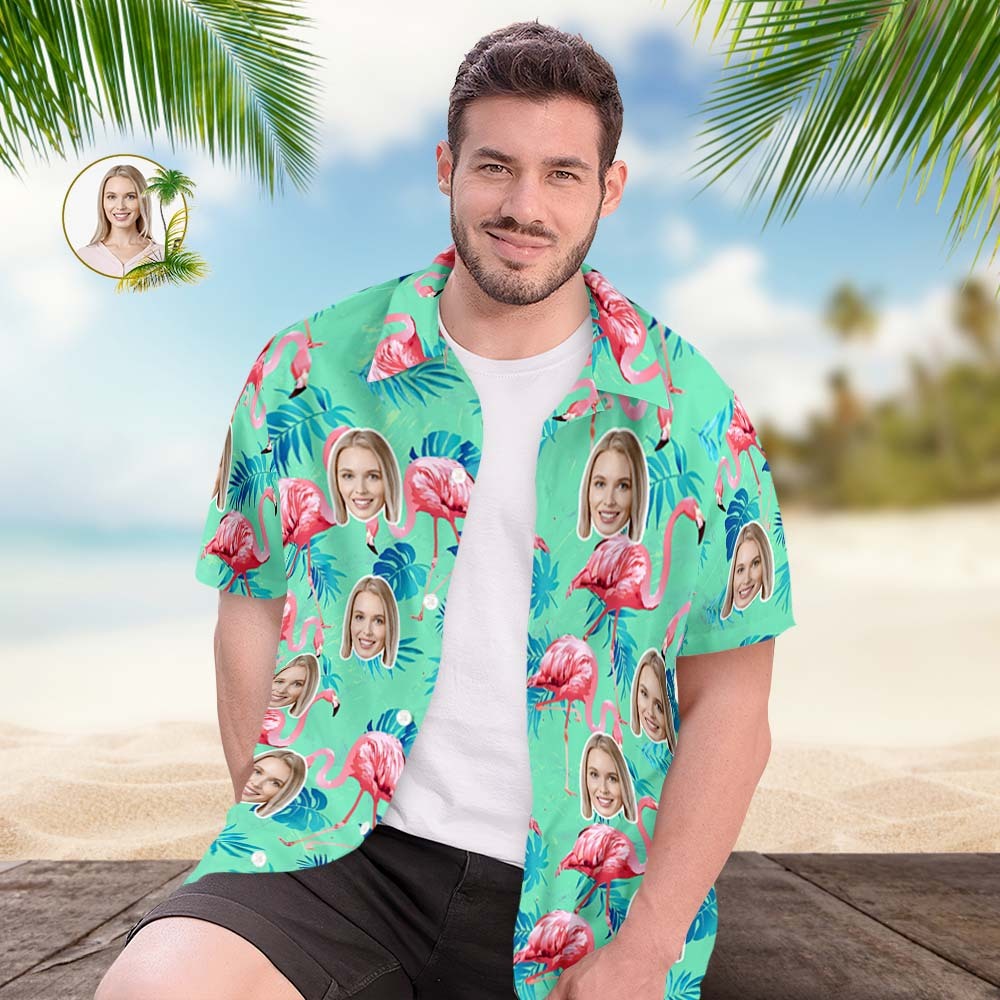 Custom Face Hawaiian Shirt Flamingo Tropical Shirt Couple Outfit ALL Over Printed Green and Palm Leaves - My Photo Socks AU