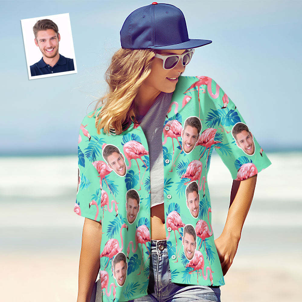 Custom Face Hawaiian Shirt Flamingo Tropical Shirt For Women ALL Over Printed Green and Palm Leaves - My Photo Socks AU