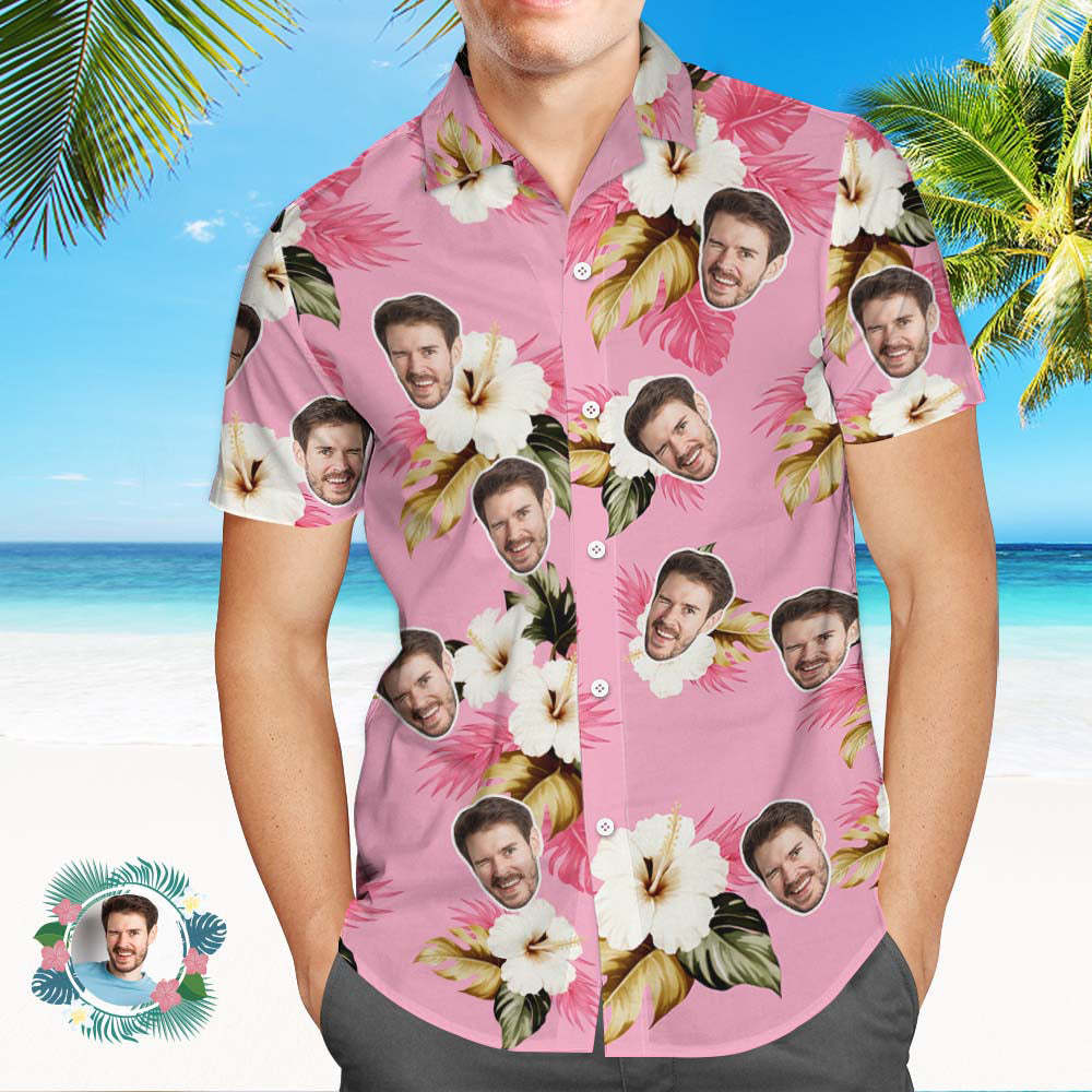 Custom Face Hawaiian Shirt Light Pink Hibiscus Face Hawaiian Shirt - MyPhotoSocksAu