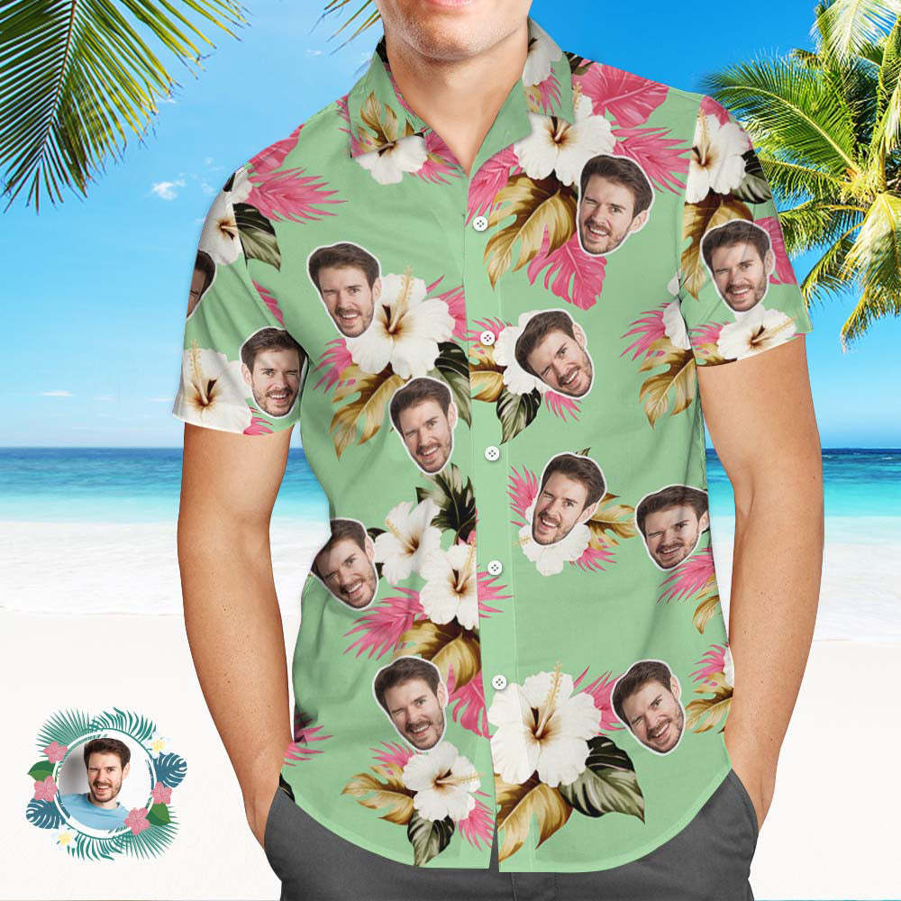 Custom Face Hawaiian Shirt Light Pink Hibiscus Face Hawaiian Shirt - MyPhotoSocksAu