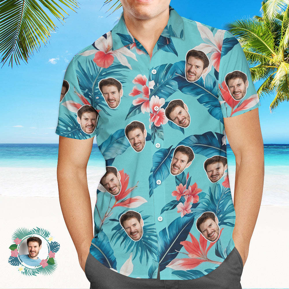 Custom Face Hawaiian Shirt Tropical Leaves And Flowers Face Hawaiian Shirt - MyPhotoSocksAu