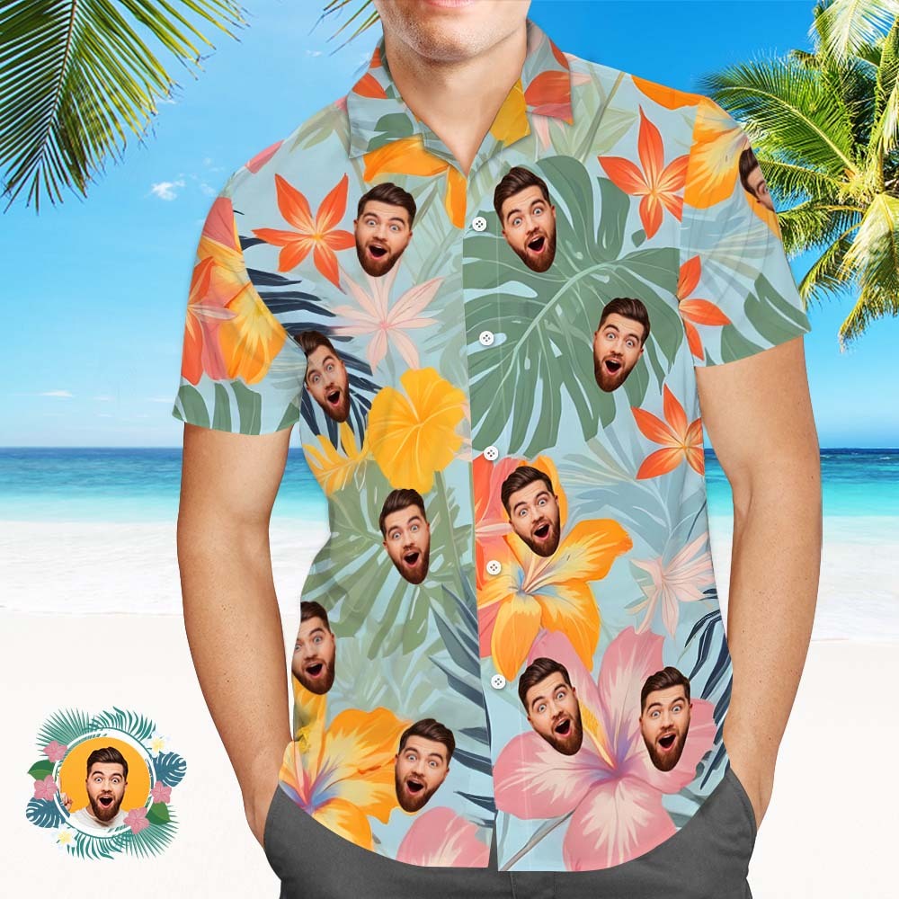 Custom Face Hawaiian Shirts Colorful Flowers And Leaves Face Hawaiian Shirt - MyPhotoSocksAu