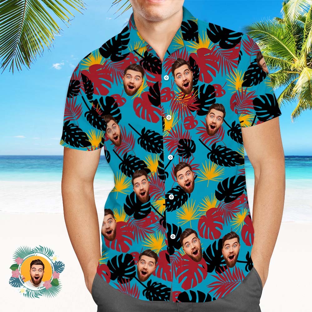 Custom Face Hawaiian Shirts Black And Red Leaves Beach Hawaiian Shirt - MyPhotoSocksAu
