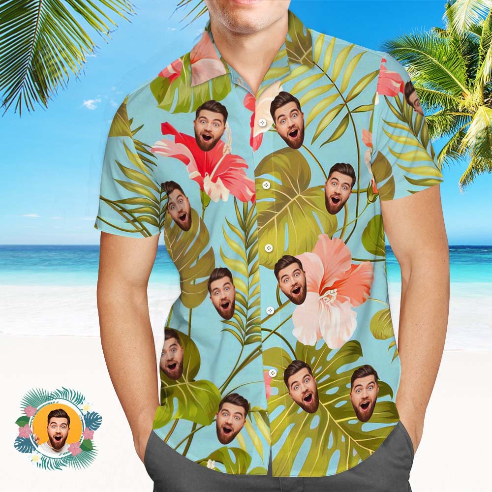 Custom Men Face Hawaiian Shirt Blossom Flowers And Blue Leaves Shirt Gift For Men - MyPhotoSocksAu