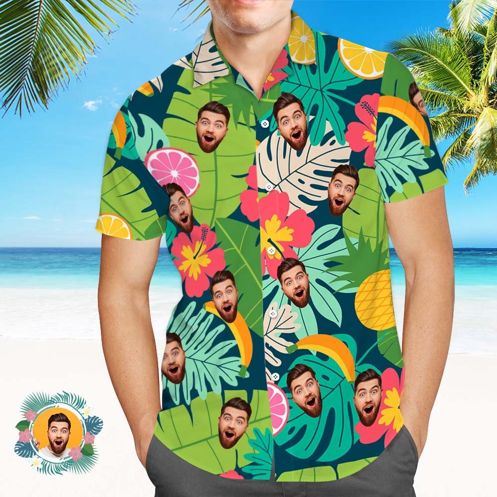 Custom Face Hawaiian Shirt Men Face Shirt Colorful Leaves And Pineapple Shirt Gift - MyPhotoSocksAu
