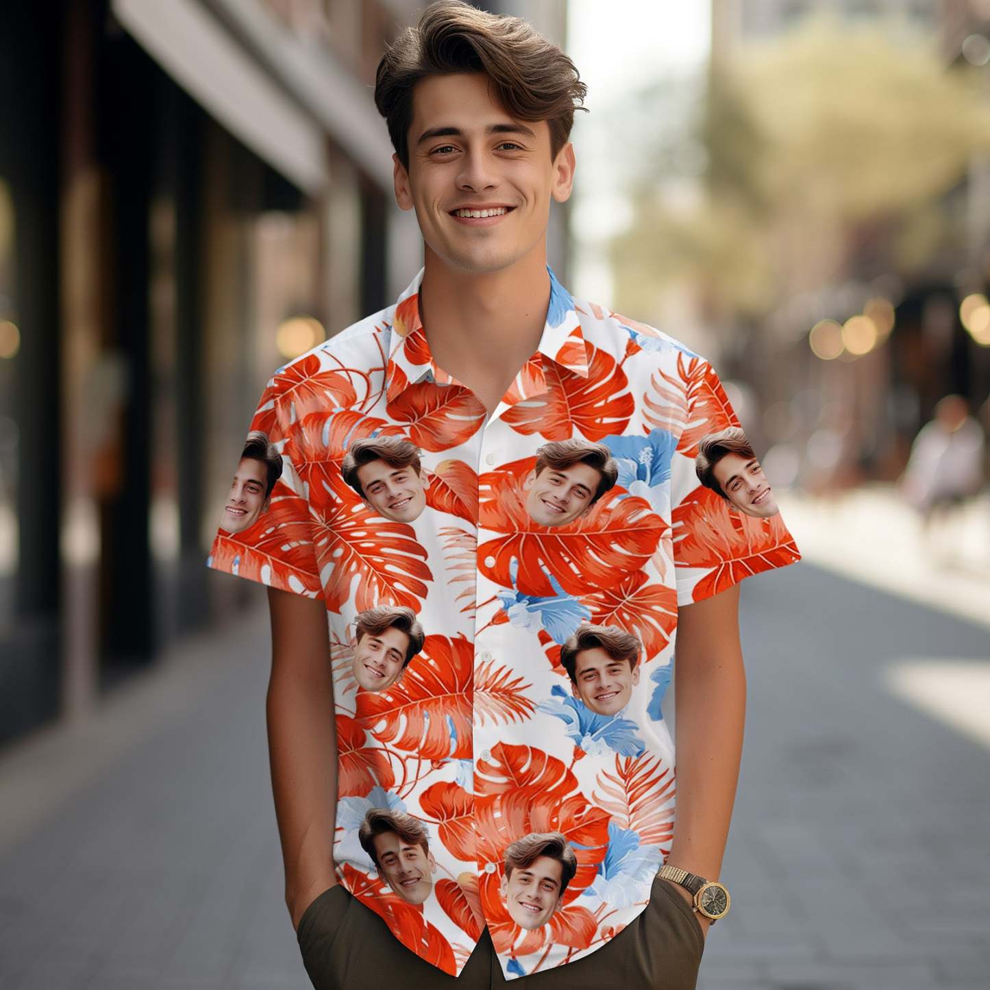 Custom Face Hawaiian Shirts Tropical Red Sleeves and Flowers Face Hawaiian Shirt - MyPhotoSocksAu