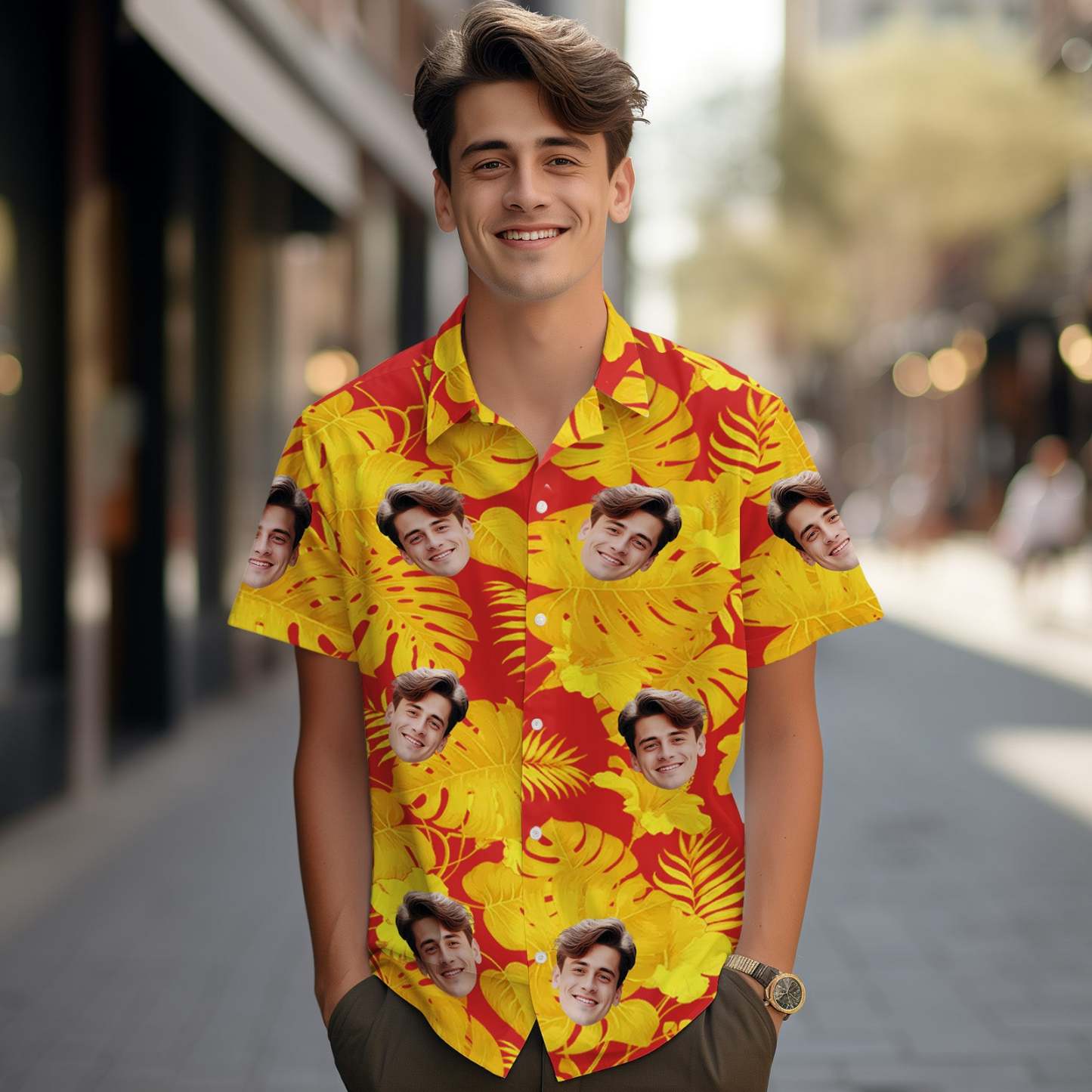 Custom Face Hawaiian Shirts Tropical Sleeves and Flowers Face Red Hawaiian Shirt - MyPhotoSocksAu