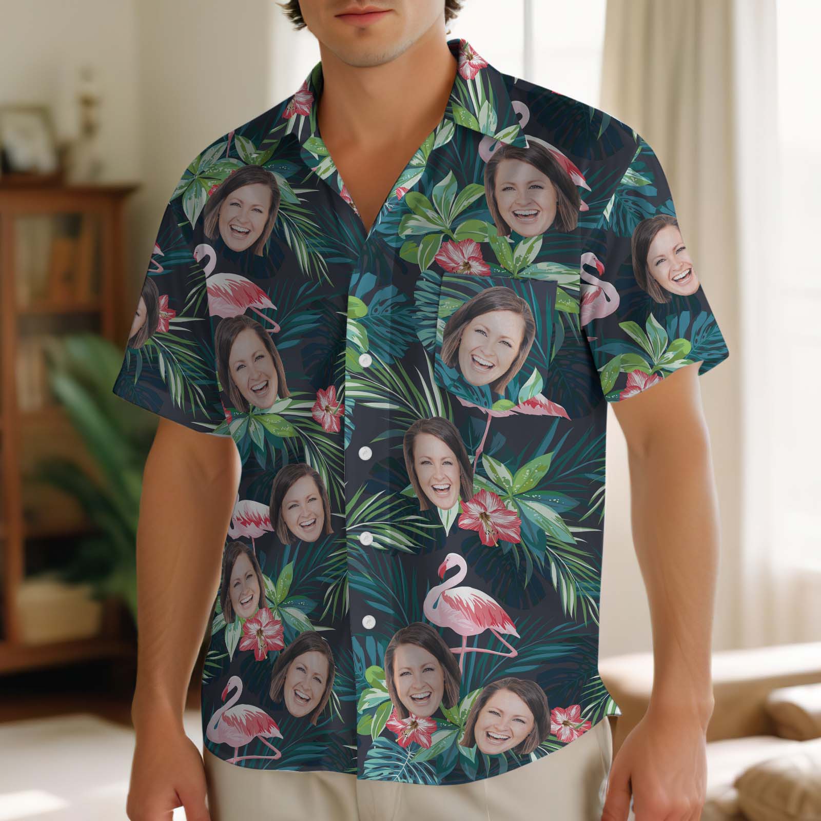 Custom Hawaiian Shirt With Face Personalized Tropical Summer Flamingo Aloha Shirt With Pocket Gift For Lovers
