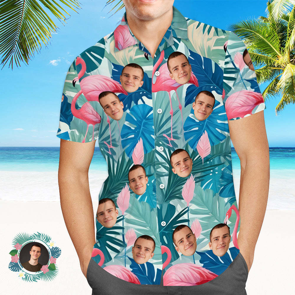 Custom Face Hawaiian Shirts Flamingo Leaves Blue Hawaiian Shirt - MyPhotoSocksAu