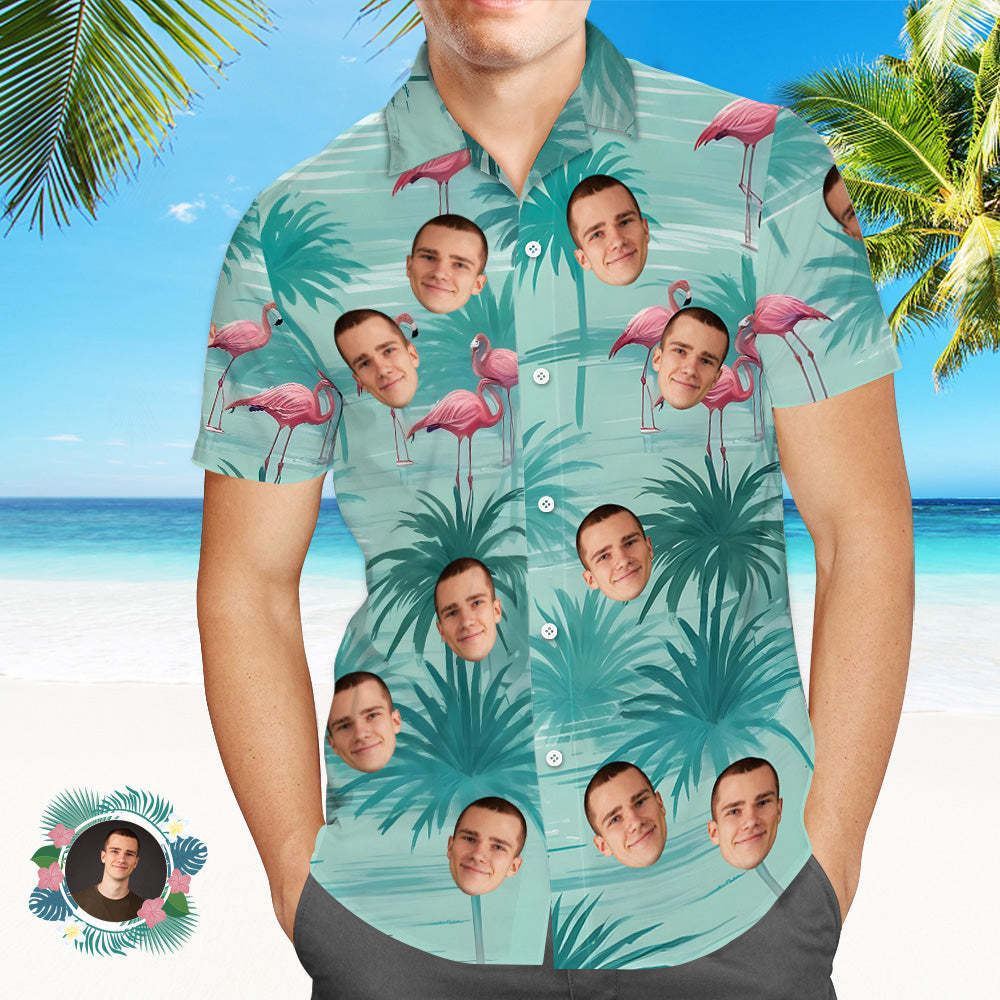 Custom Face Hawaiian Shirts Light Green Flamingo Leaves Hawaiian Shirt