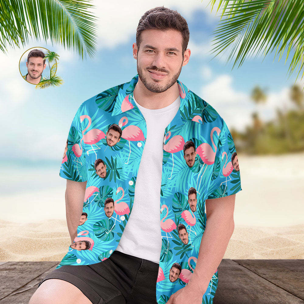Custom Face Hawaiian Shirts Blue Flamingos Face Hawaiian Shirt - MyPhotoSocksAu