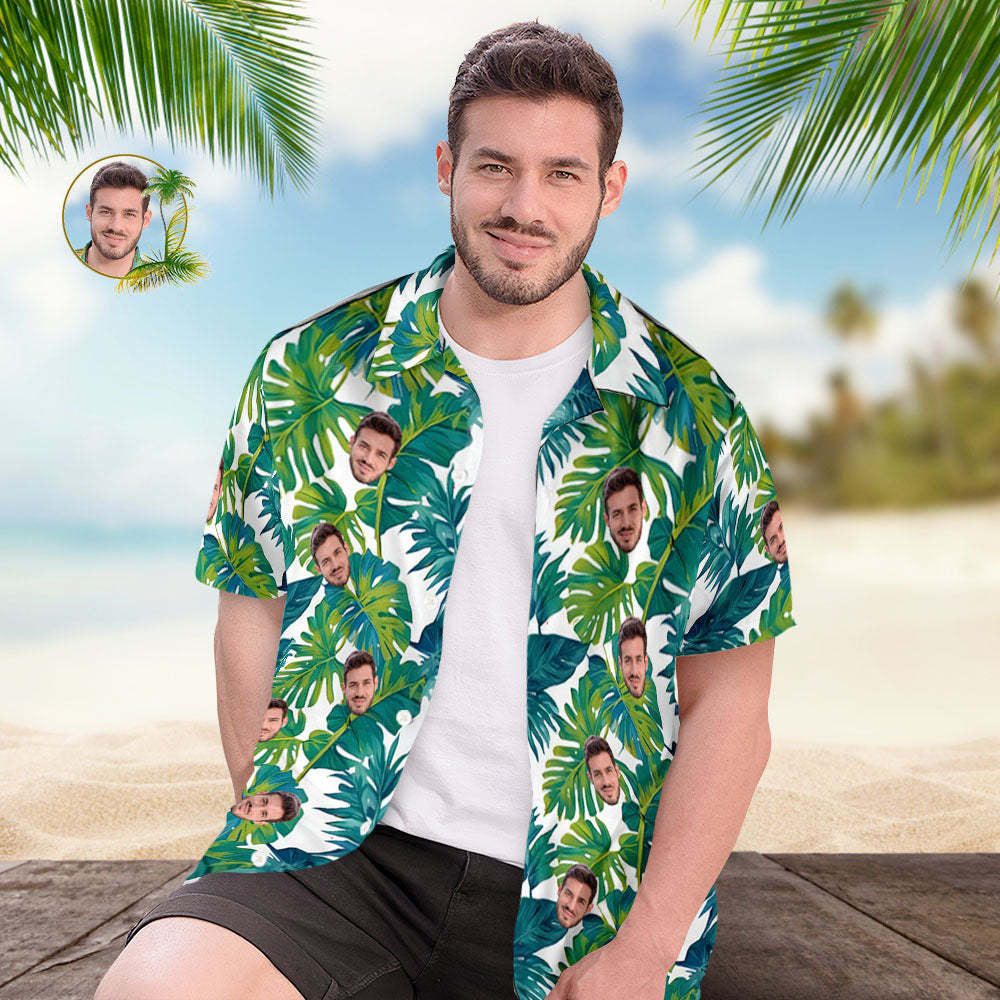 Custom Face Hawaiian Shirt  A Palm Tree-Green Hawaii Shirt For Men - MyPhotoSocksAu