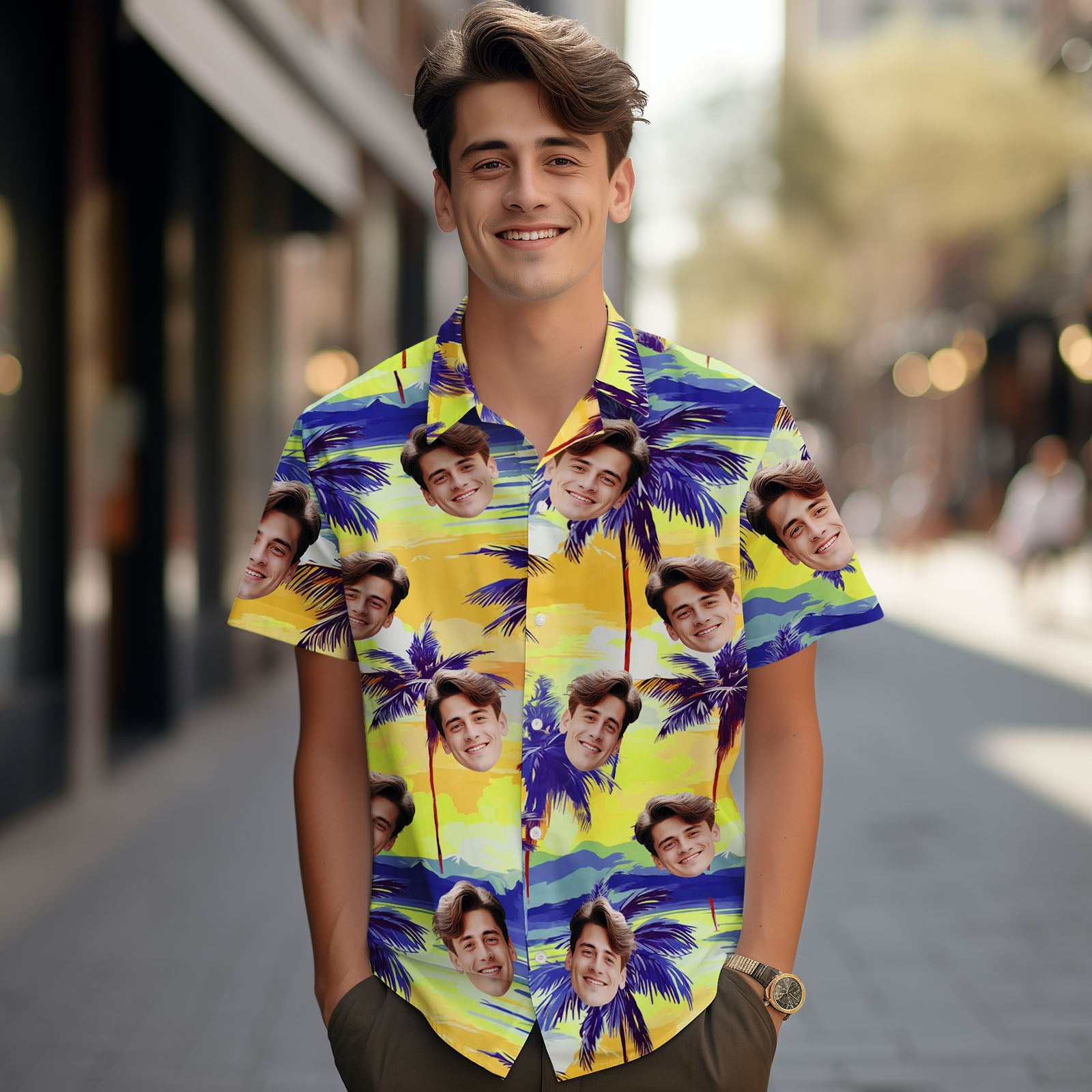 Custom Face Hawaiian Shirt Purple Coconut Tree Photo Hawaiian Shirt
