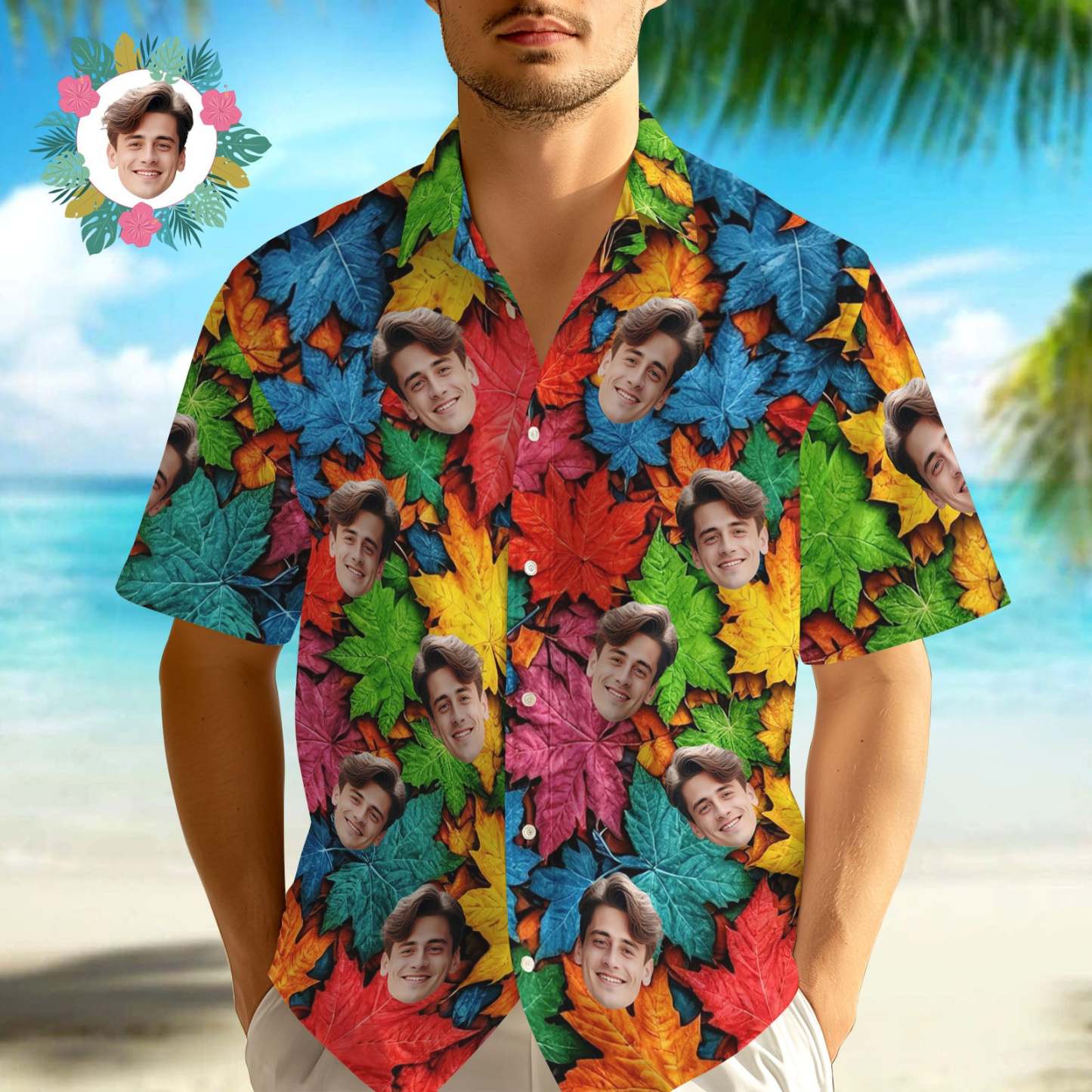 Custom Photo Hawaiian Shirt Face Colorful Maple Leaf Print Hawaiian Shirt - MyPhotoSocksAu