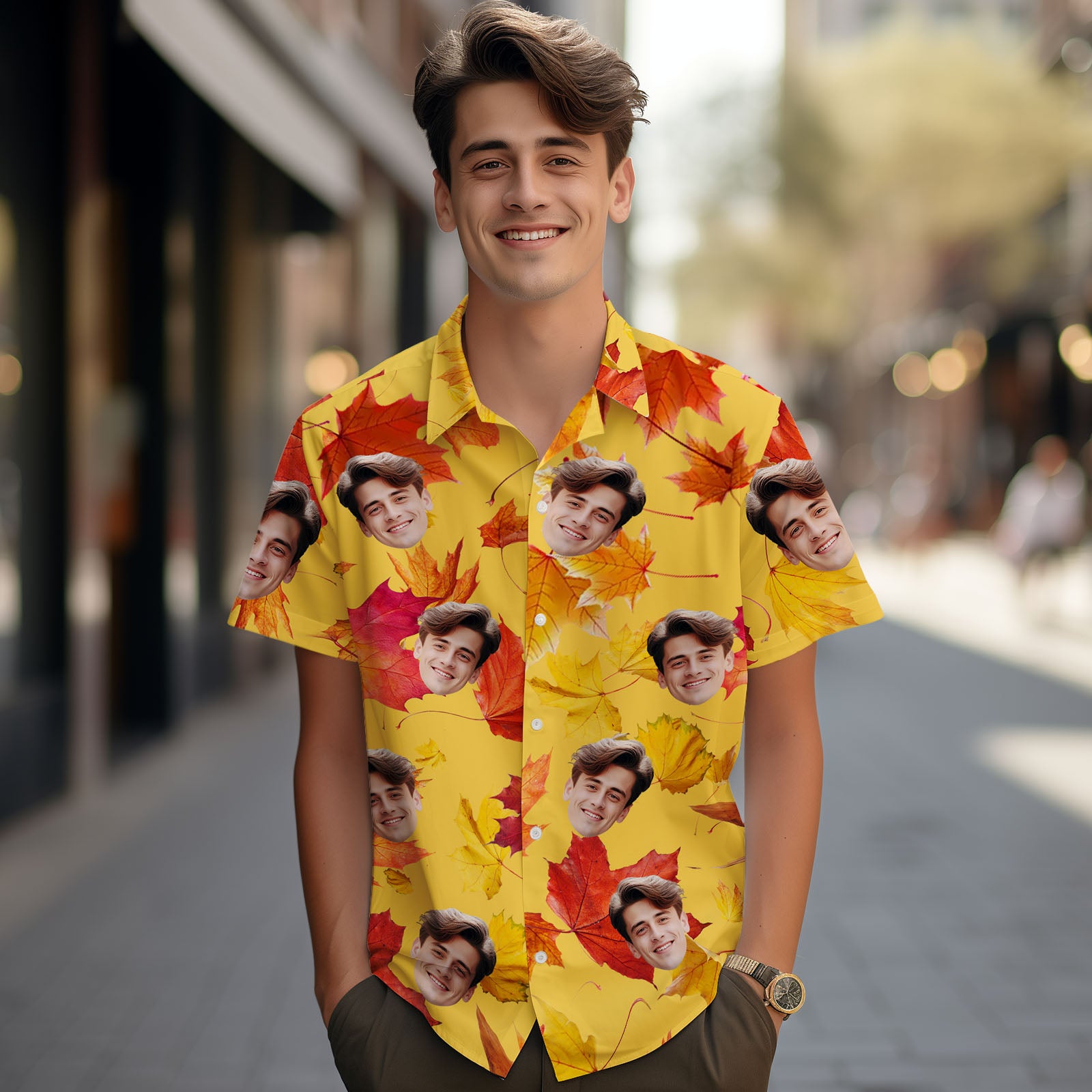 Custom Photo Hawaiian Shirt Face Maple Leaf Print Yellow Hawaiian Shirt