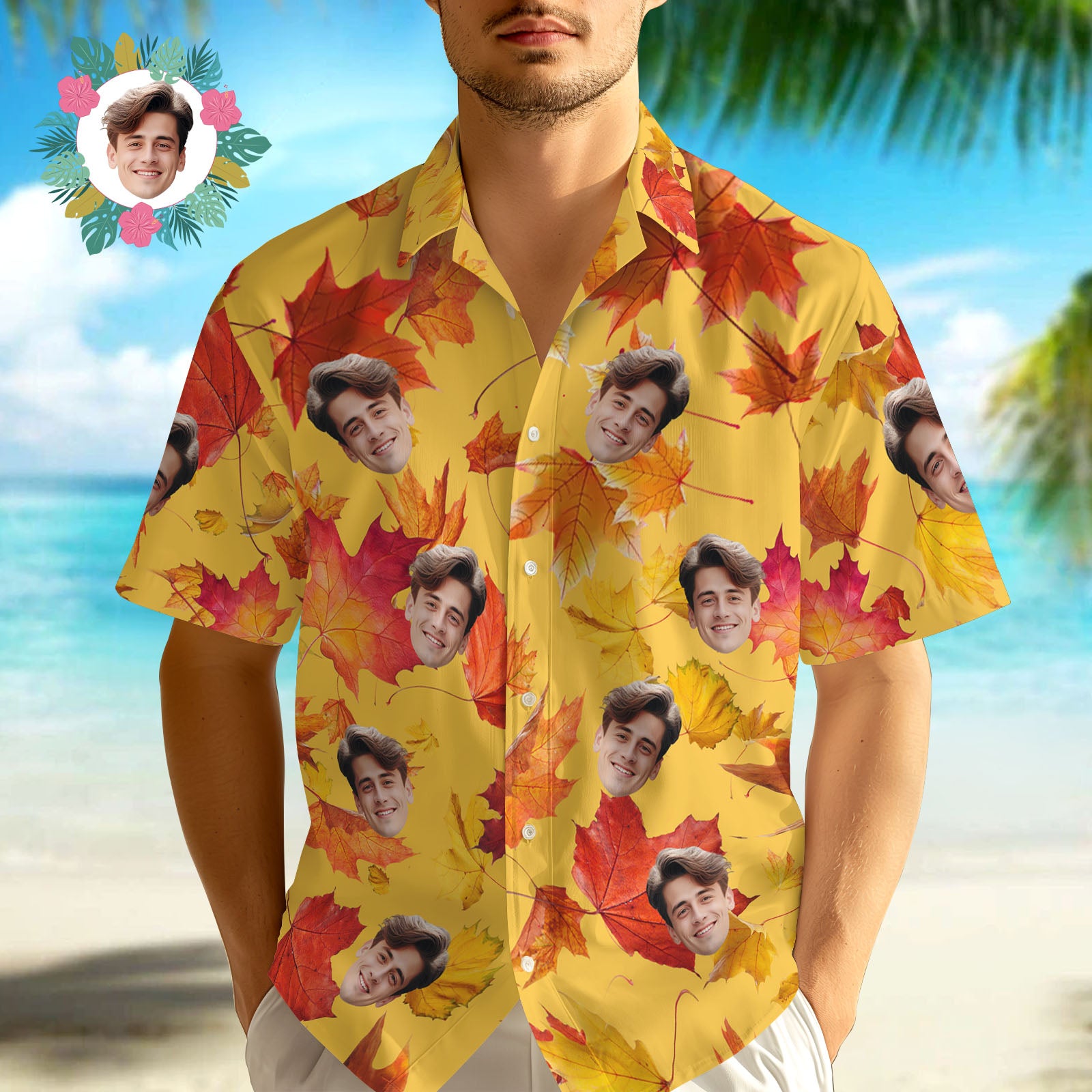 Custom Photo Hawaiian Shirt Face Maple Leaf Print Yellow Hawaiian Shirt