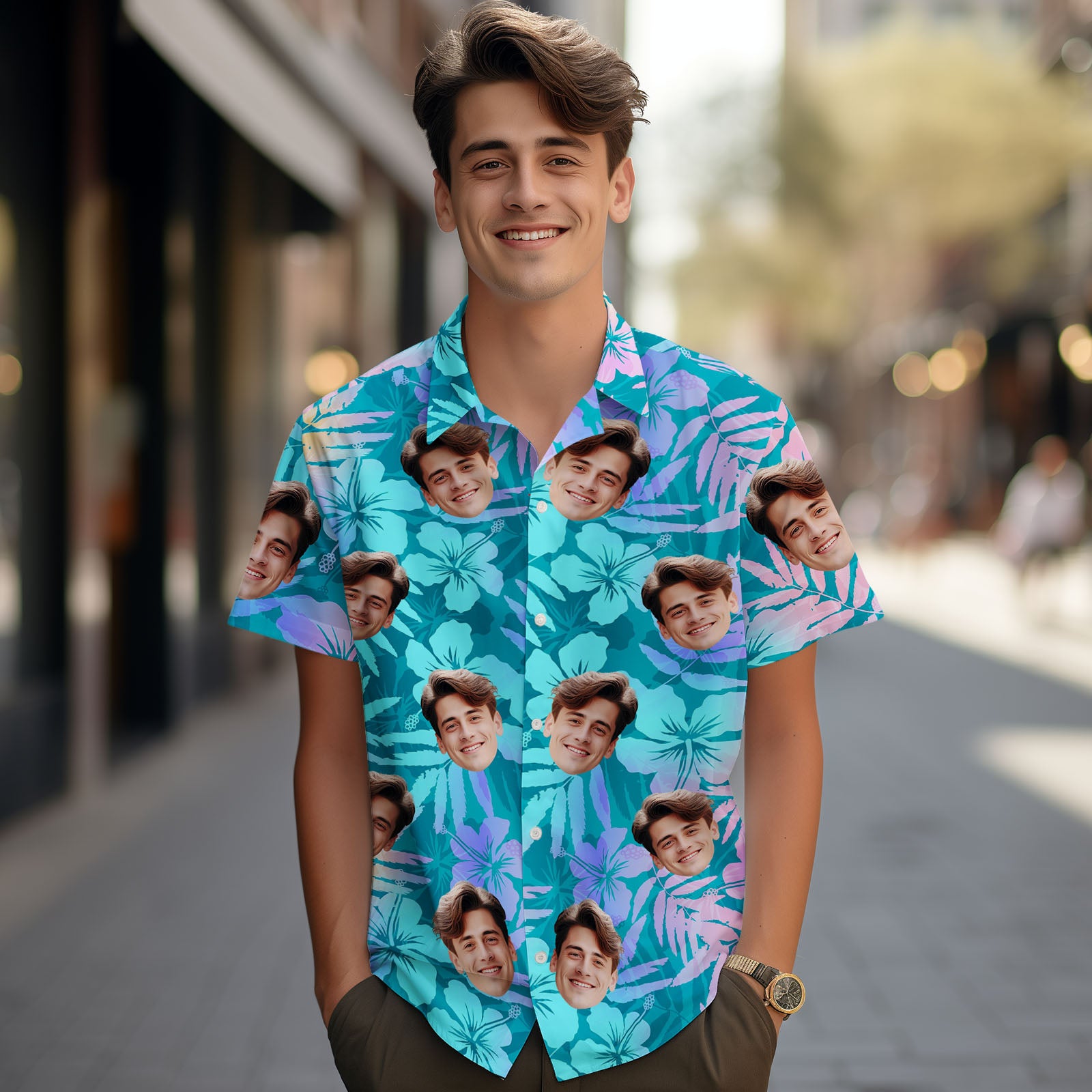 Custom Face Hawaiian Shirt Art Hawaiian Blue Leaves Hawaiian Shirt