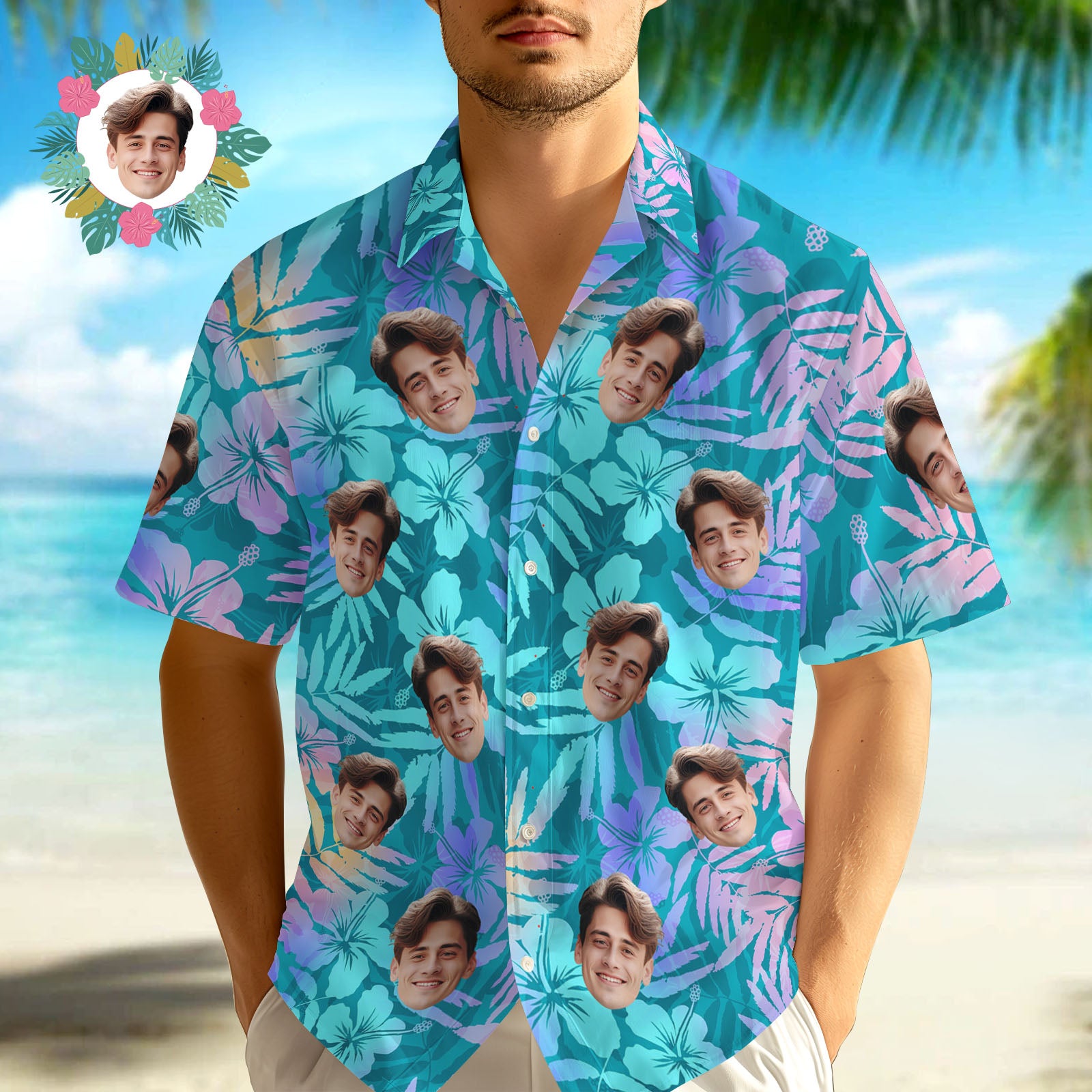 Custom Face Hawaiian Shirt Art Hawaiian Blue Leaves Hawaiian Shirt