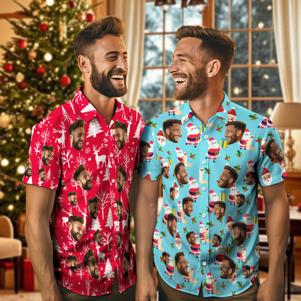 Chrismas Party Shirts Custom Face Men's Hawaiian Shirt Personalized Photo Christmas Family Xmas Aloha Shirts Blue - MyPhotoSocksAu