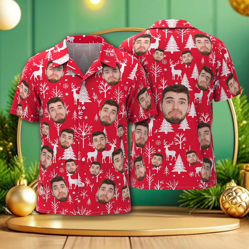 Chrismas Party Shirts Custom Face Men's Hawaiian Shirt Personalized Photo Christmas Family Xmas Aloha Shirts Blue - MyPhotoSocksAu