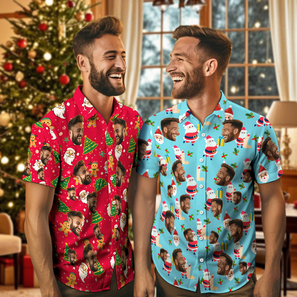 Chrismas Party Shirts Custom Face Men's Hawaiian Shirt Personalized Photo Christmas Family Xmas Aloha Shirts Blue - MyPhotoSocksAu