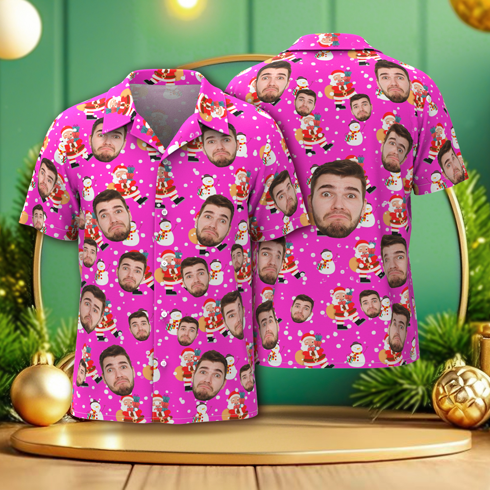 Chrismas Party Shirts Custom Face Men's Hawaiian Shirt Personalized Photo Christmas Family Xmas Aloha Shirts Blue - MyPhotoSocksAu