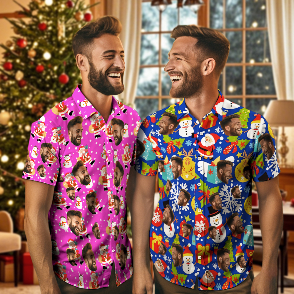 Chrismas Party Shirts Custom Face Men's Hawaiian Shirt Personalized Photo Christmas Family Xmas Aloha Shirts Blue - MyPhotoSocksAu
