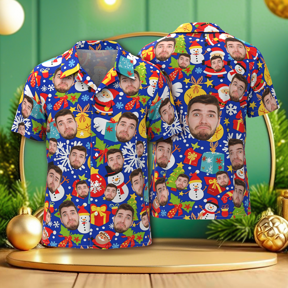 Chrismas Party Shirts Custom Face Men's Hawaiian Shirt Personalized Photo Christmas Family Xmas Aloha Shirts Blue - MyPhotoSocksAu