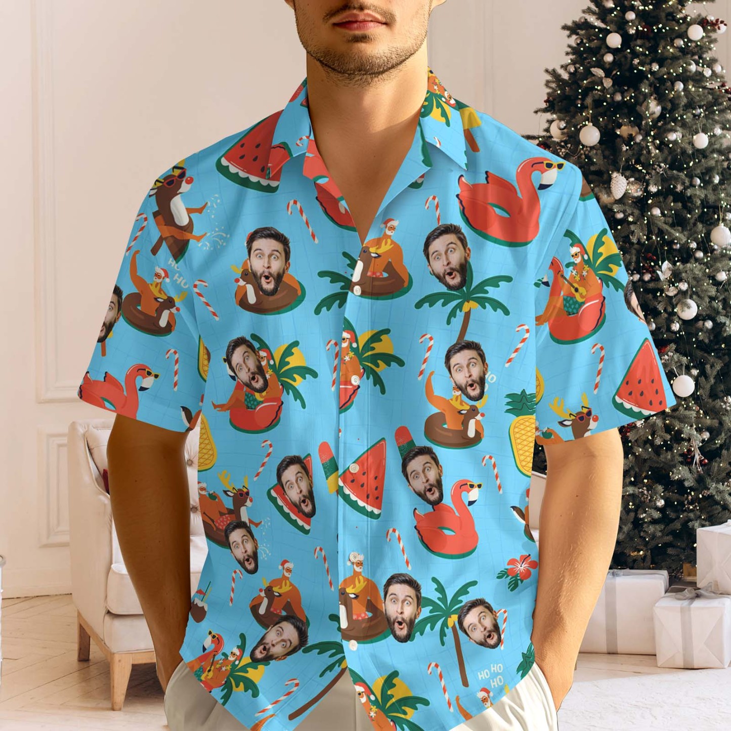 Custom Face Men's Hawaiian Shirt Personalized Santa Beach Holiday Xmas Face Hawaiian Shirt - MyPhotoSocksAu