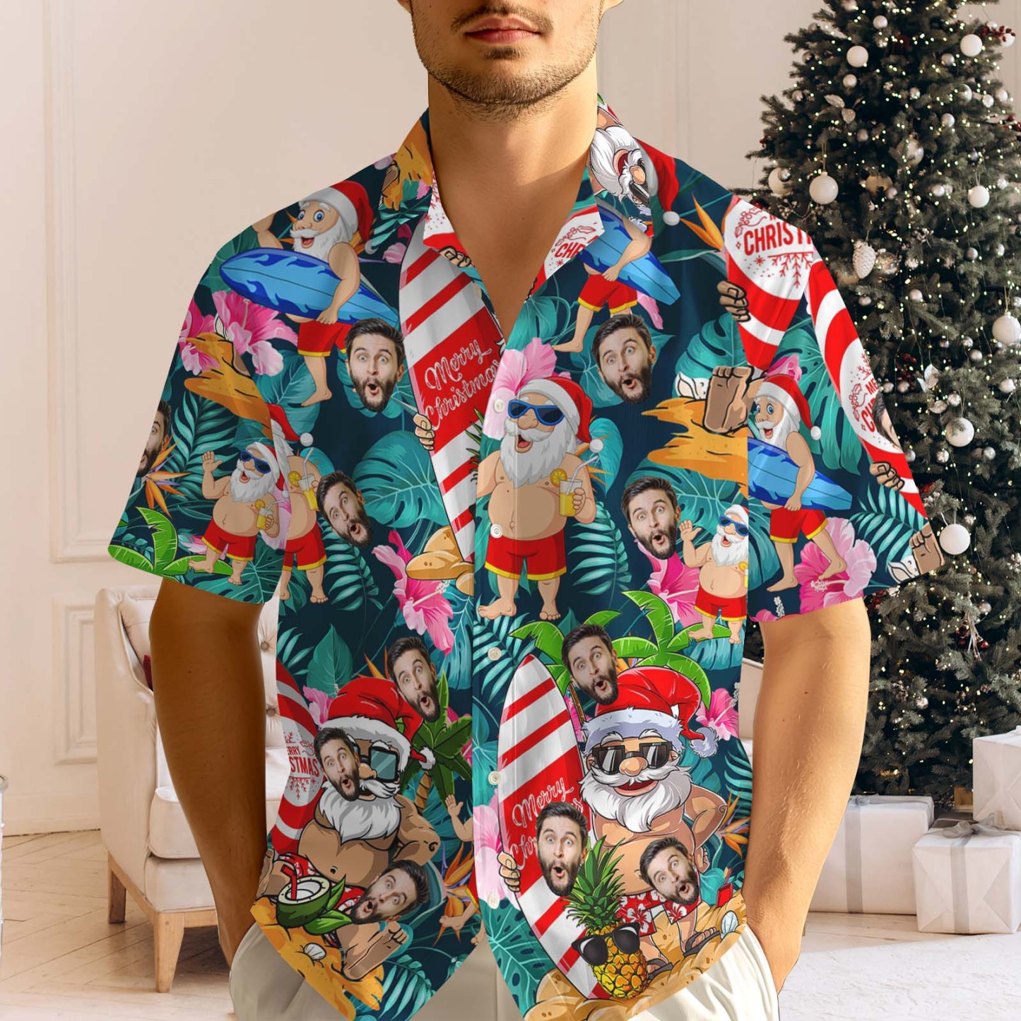 Personalized Face Men's Hawaiian Shirt Custom Santa Beach Holiday Xmas Face Hawaiian Shirt Gift - MyPhotoSocksAu
