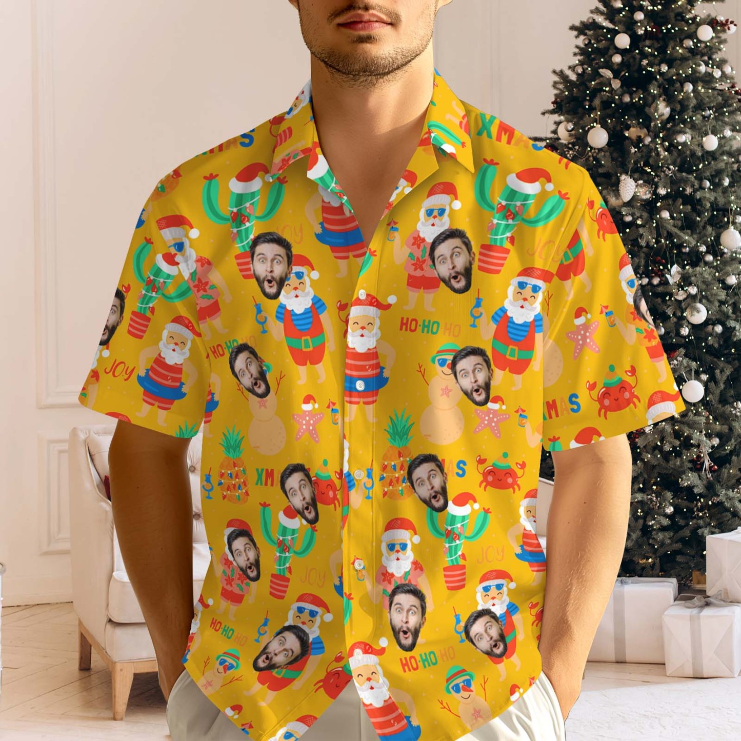 Custom Face Men's Hawaiian Shirt Personalized Santa Beach Holiday Christmas Hawaiian Shirt - MyPhotoSocksAu