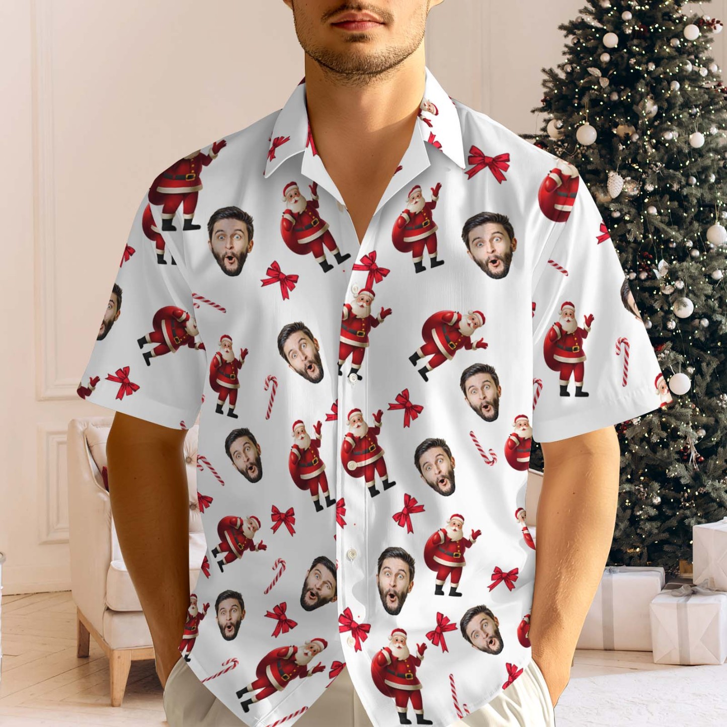 Custom Face Men's Hawaiian Shirt Personalized Santa Beach Holiday Christmas Hawaiian Shirt - MyPhotoSocksAu