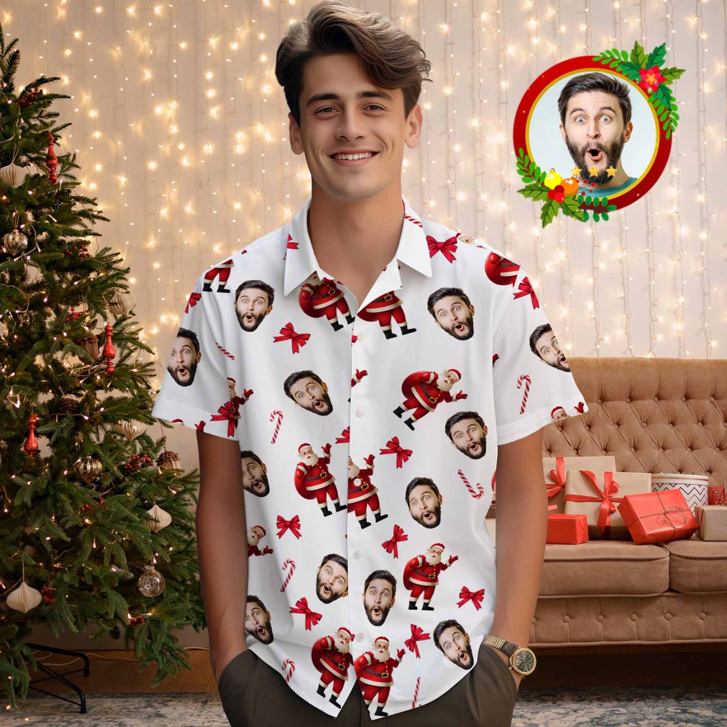 Custom Face Men's Hawaiian Shirt Personalized Santa Beach Holiday Christmas Hawaiian Shirt - MyPhotoSocksAu