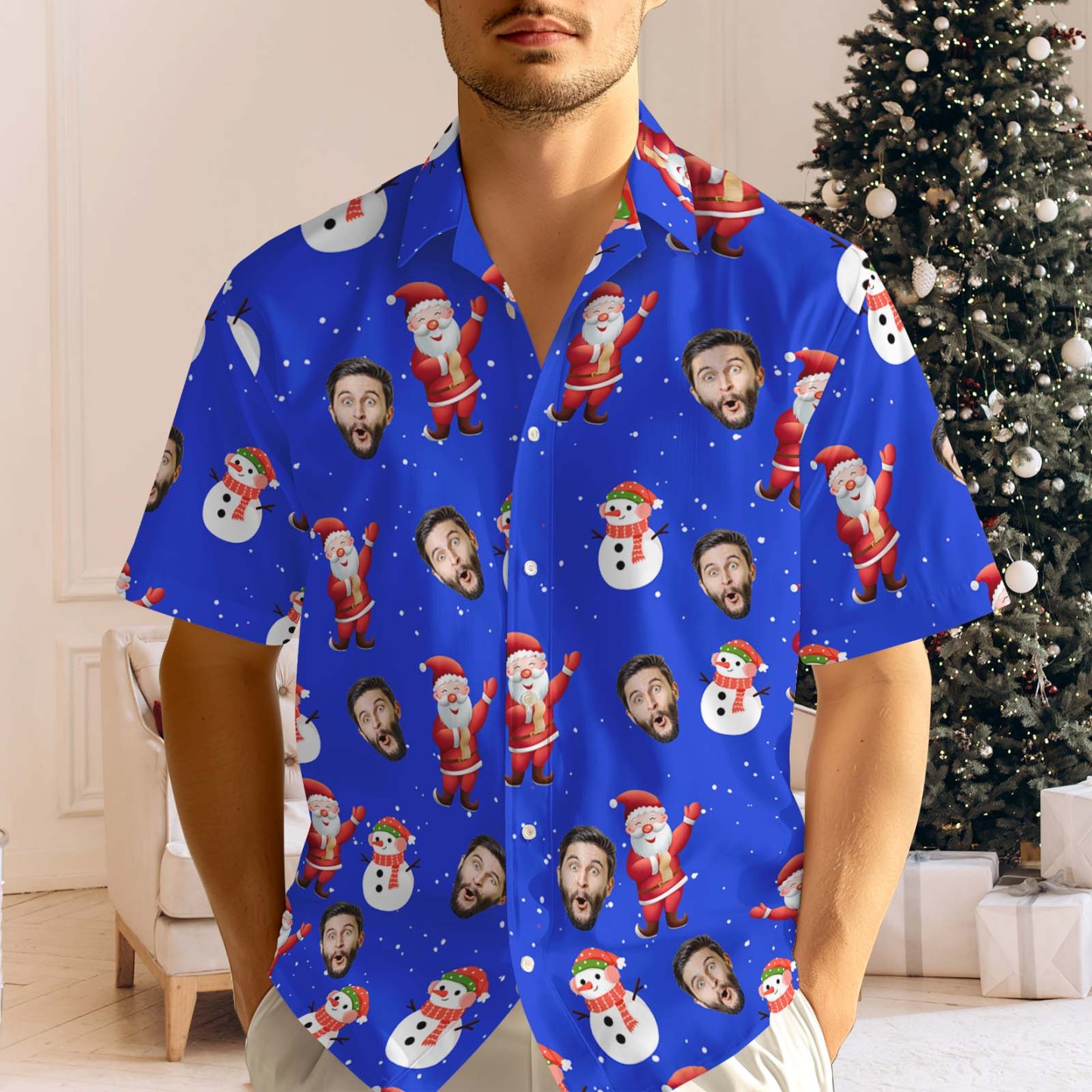 Custom Face Men's Hawaiian Shirt Personalized Santa Beach Holiday Christmas Hawaiian Shirt - MyPhotoSocksAu